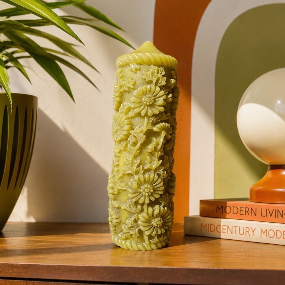 Vintage Pillar Candle Sculpted Floral 11 in Green Earthy Decor MCM Cottage Boho